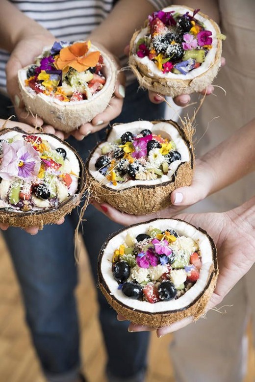 Serve cut fruits in coconut shells