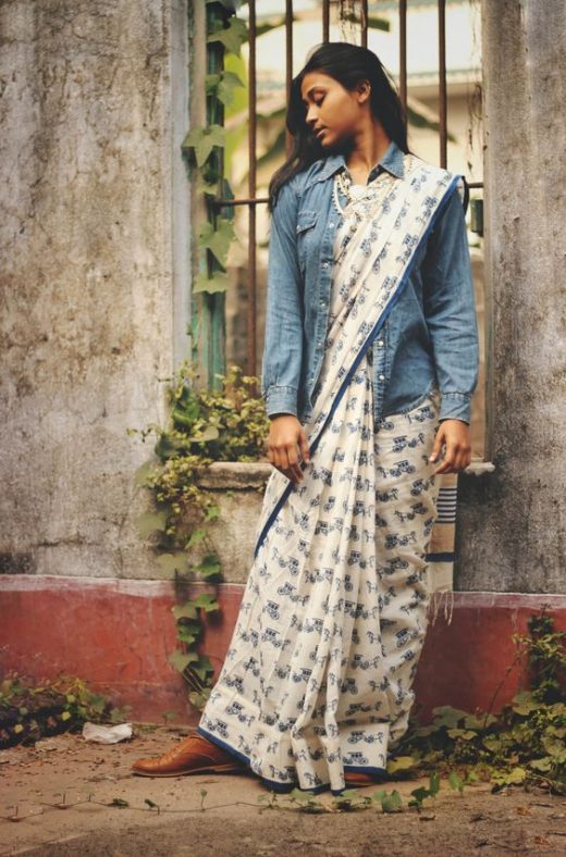 wearing denim jackets with saree