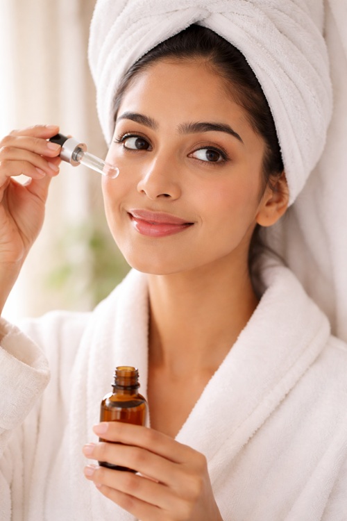 Indian woman applying serum